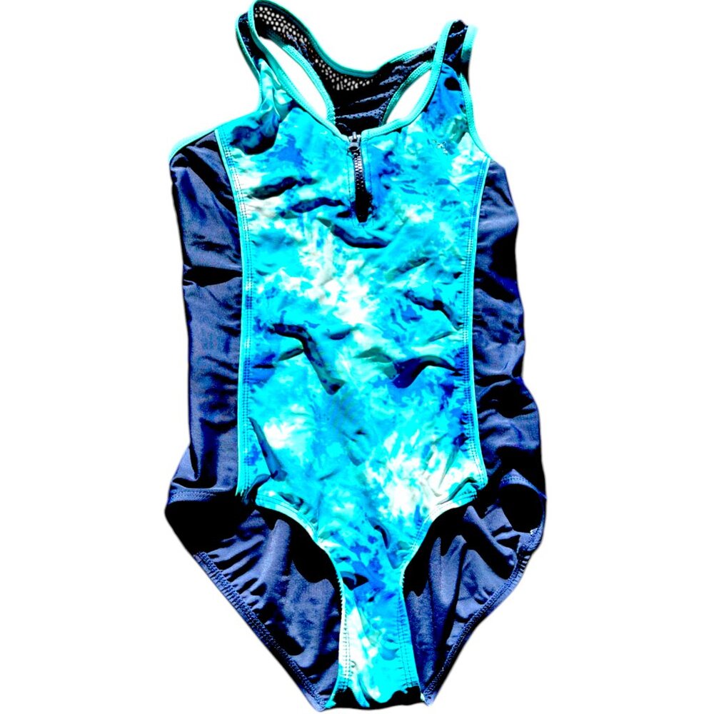Zero Xposur girl's 14 one piece swimsuit green blue tie dye zip front racerback‎